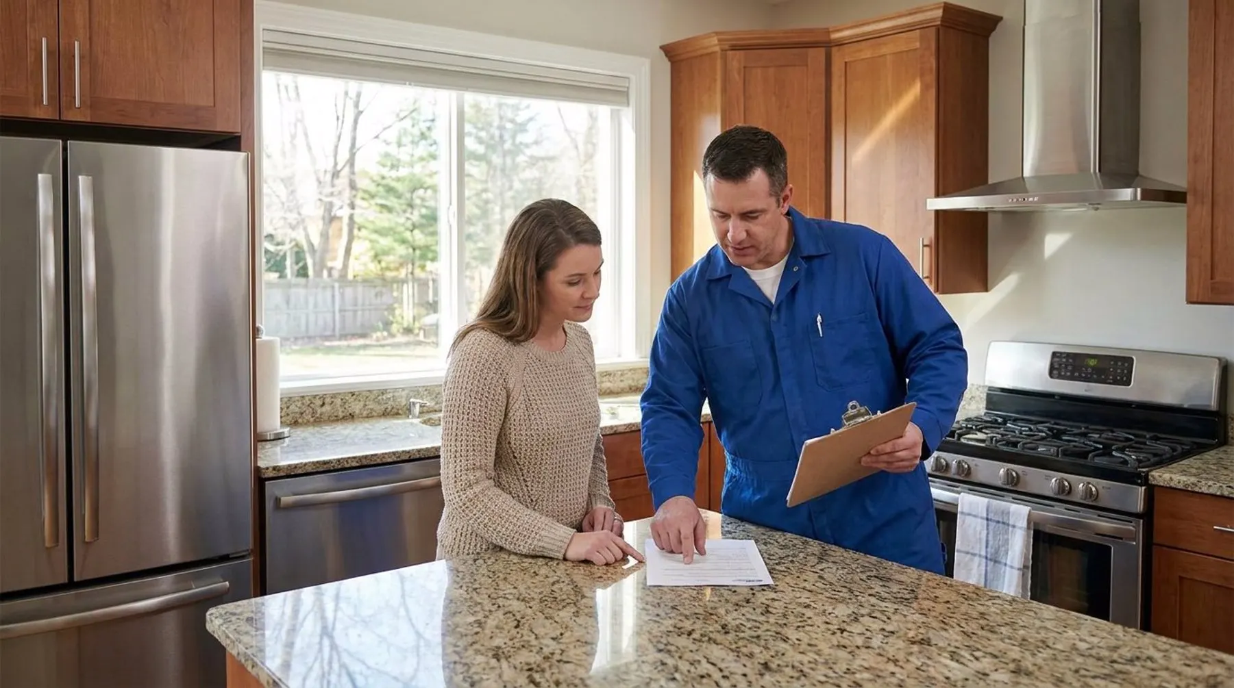 Licensed plumber reviewing a written cost estimate with a homeowner in a Warren MI kitchen