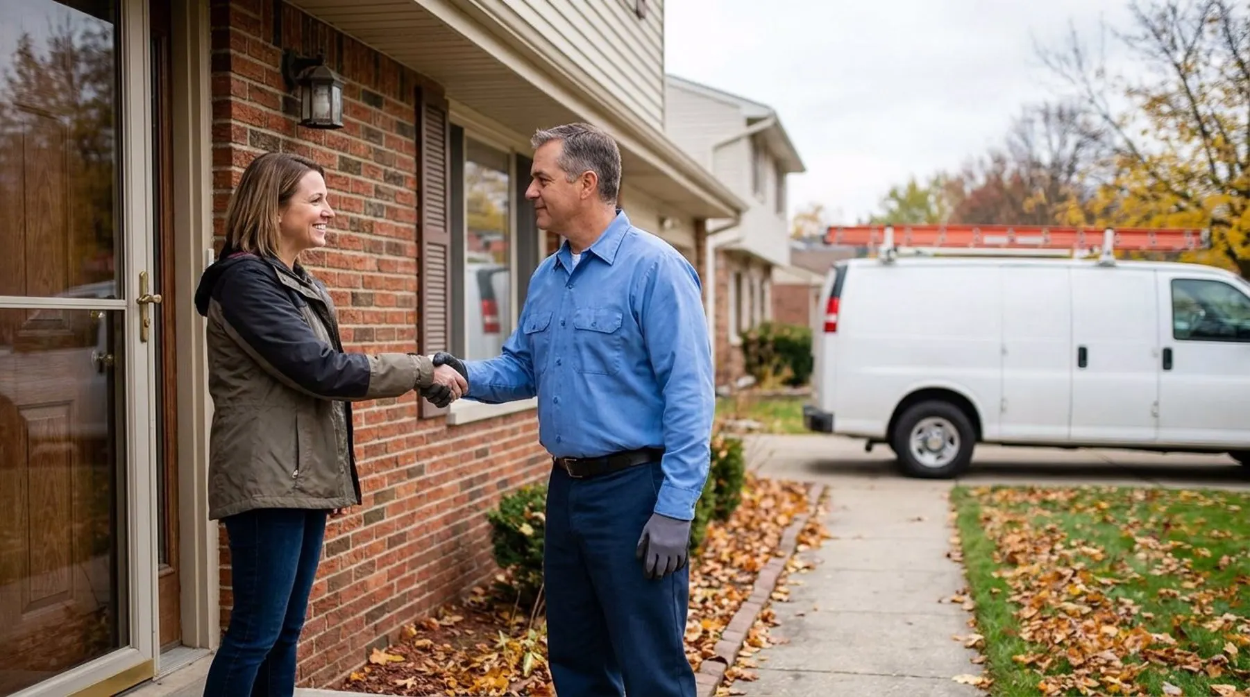 Licensed plumber meeting a homeowner at a Warren MI residence to discuss plumbing service