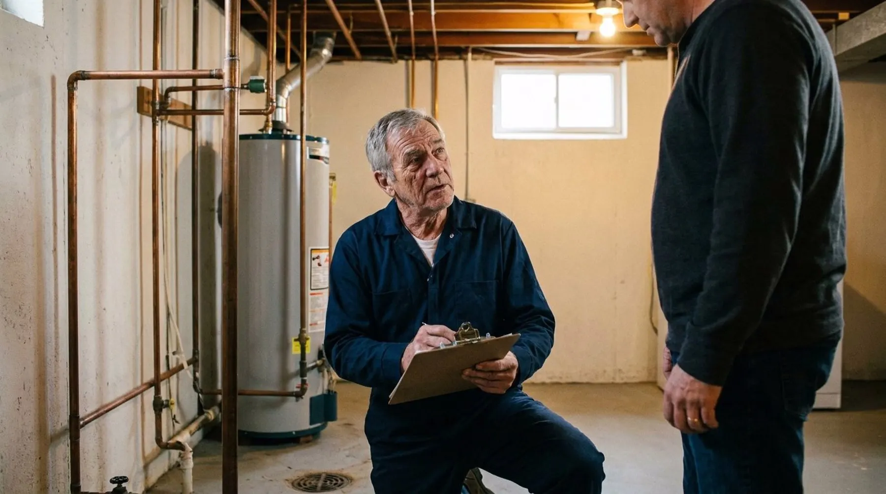 Licensed plumber reviewing a written repair estimate with a homeowner in the basement of a Warren, Michigan home