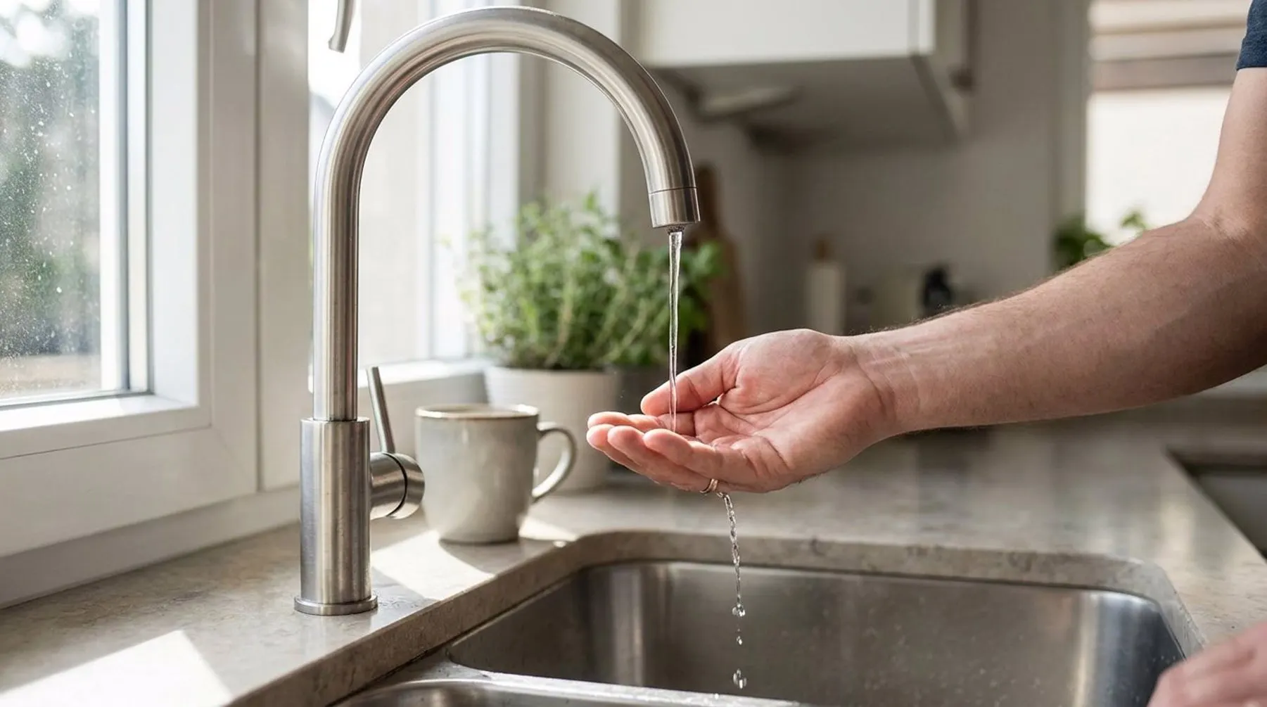 Water flowing weakly from a chrome kitchen faucet in a Warren MI home with low water pressure