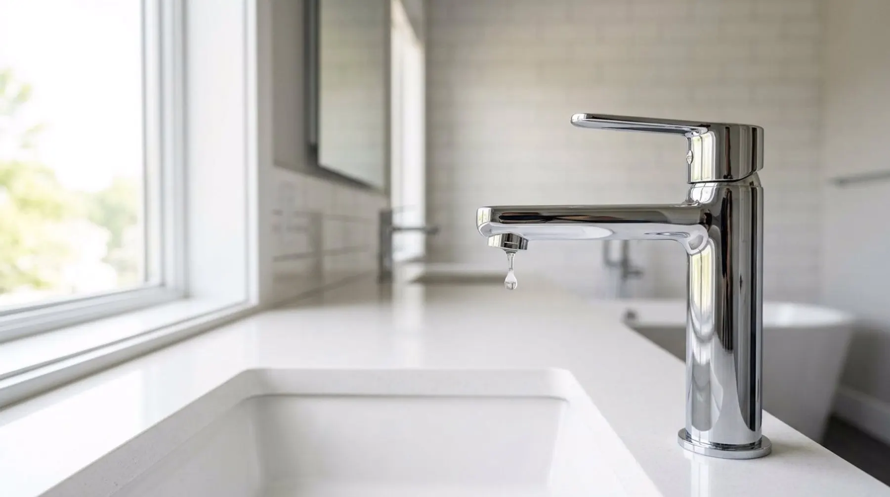 Newly installed modern chrome faucet on a white bathroom vanity sink