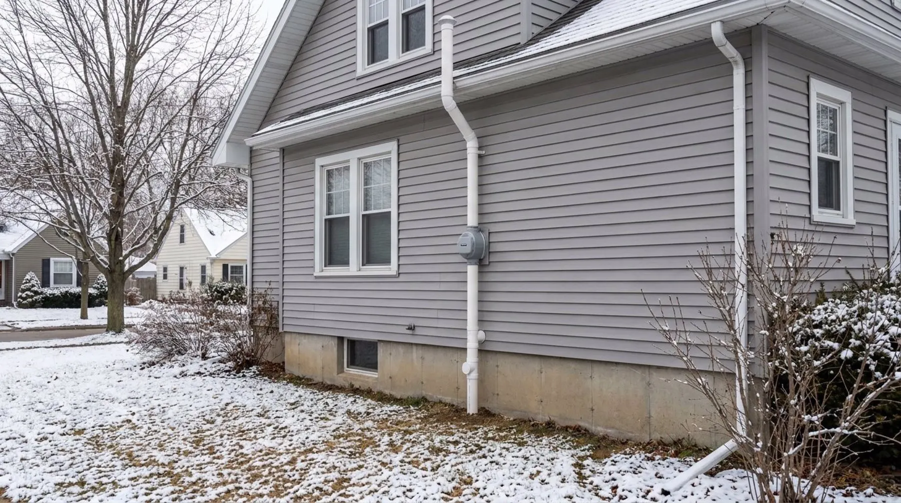 Radon mitigation vent pipe and fan installed on the exterior of a Michigan home
