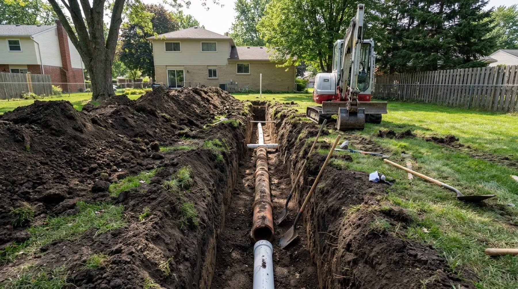 Excavated residential sewer line trench with exposed pipe during a sewer repair in Michigan