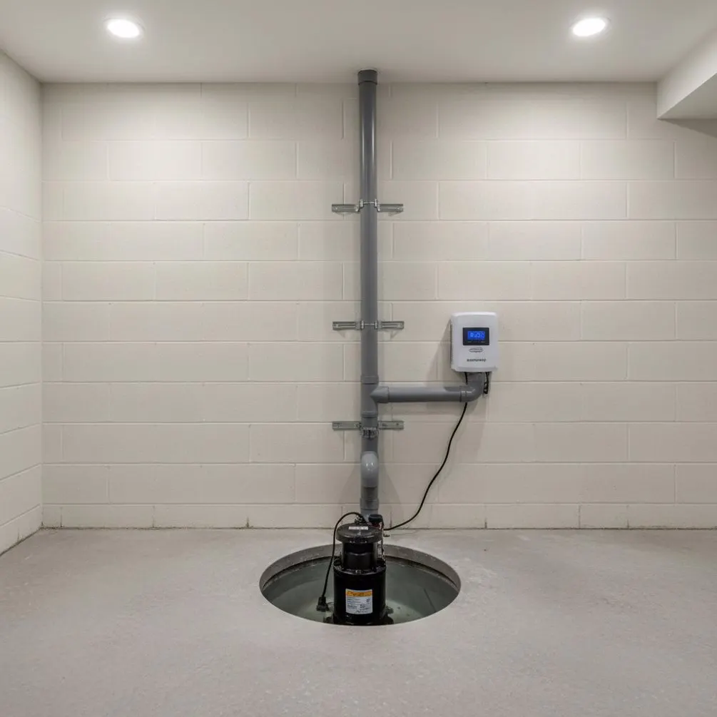 Sump pump installed in a residential basement with PVC discharge pipe and battery backup
