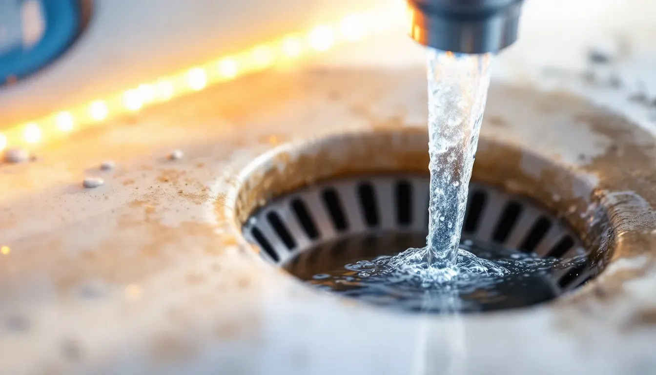 Water flowing freely into a clear floor drain after a professional drain cleaning
