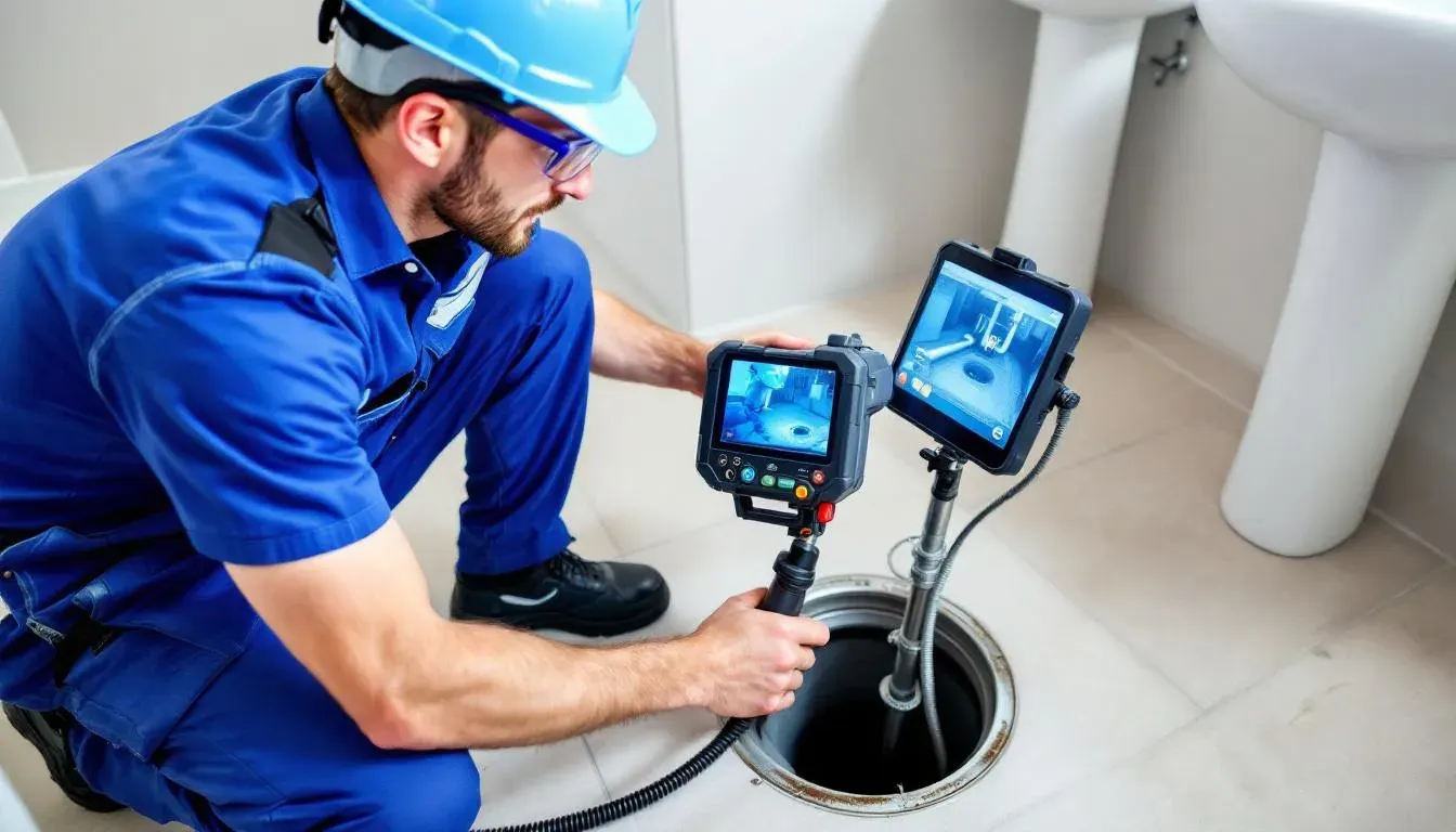 H2O Plumbing technician running a sewer camera inspection and reading the live monitor at a drain access point