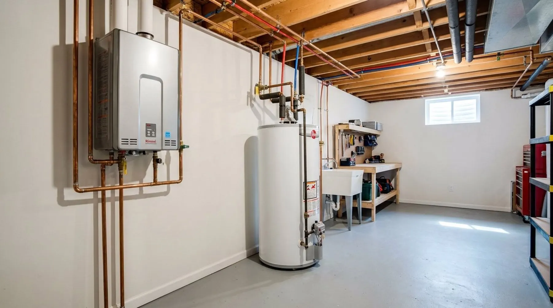 A wall-mounted tankless water heater beside a traditional tank water heater in a Warren MI basement utility room