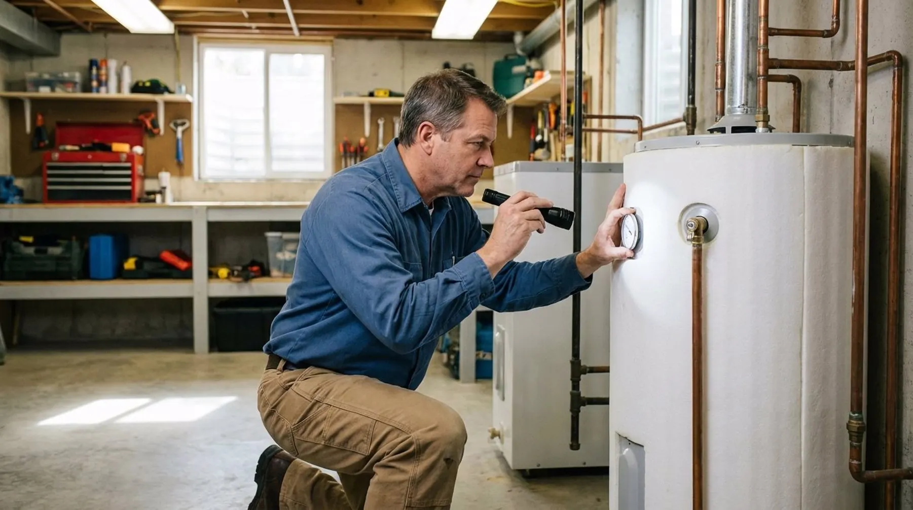 Professional plumber inspecting a residential water heater in a basement utility room